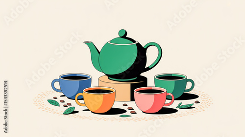 A stylized illustration of tea and coffee items arranged in a decorative pattern against a cream-colored background.