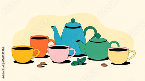A stylized illustration of tea and coffee items arranged in a decorative pattern against a cream-colored background.