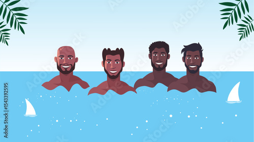 Group of four shirtless men enjoying the ocean water in summer