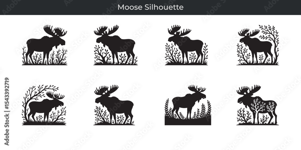 Fototapeta premium Vector illustrations of elegant moose silhouette designs with antlers and nature elements