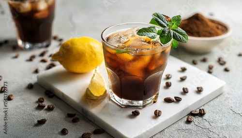trendy summer beverage featuring espresso tonic mint ice lemon on marble surface with beans