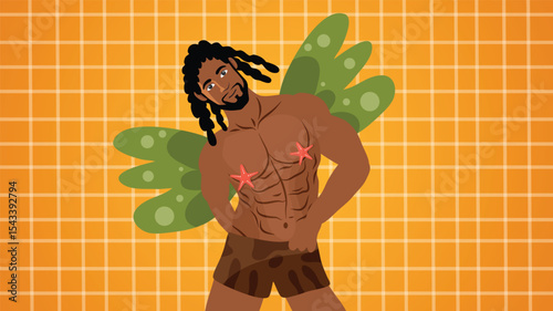 Sexy shirtless man wearing leafy wings and starfish for summer fashion