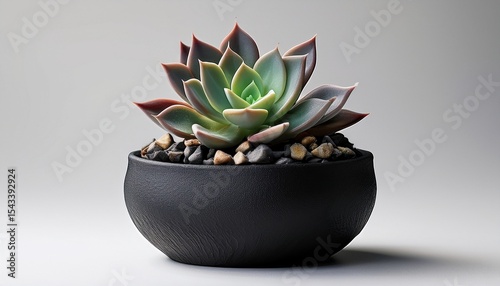 a tiny star shaped succulent planted in dark volcanic rock resides in a black pot against a white backdrop