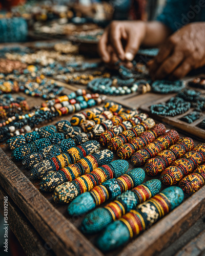 Handmade beadwork jewelry displayed at Kadayawan artisan market, intricate tribal patterns, close-up of textures, hands selecting pieces, celebration of indigenous craftsmanship.