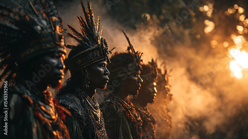Group of tribal elders in ceremonial attire leading a cultural ritual at sunrise during Kadayawan Festival, reverent mood, smoke rising from offerings, golden light. 