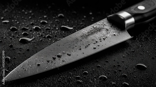 A close-up shot showcasing the intricate details of a well-worn chef's knife