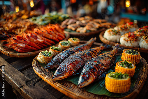 Traditional Mindanao food market at Kadayawan Festival, close-up of grilled seafood and tropical fruit, bustling crowd, rich textures and vibrant colors, joyful outdoor atmosphere.