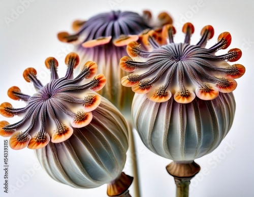 macro image showcasing intricate textures of vibrant poppy seed pods against white