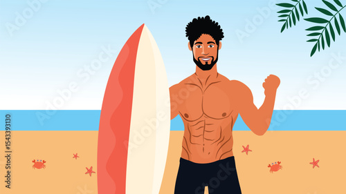 A strong confident man showing off muscles while standing near surfboard