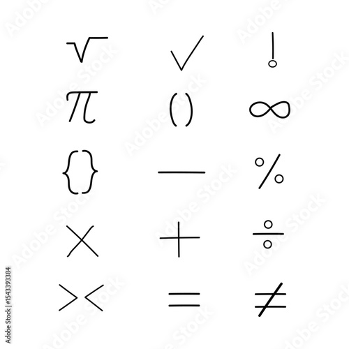 Vector illustration set of arithmetic symbols such as operators, add, subtract, multiply, divide, equal, etc