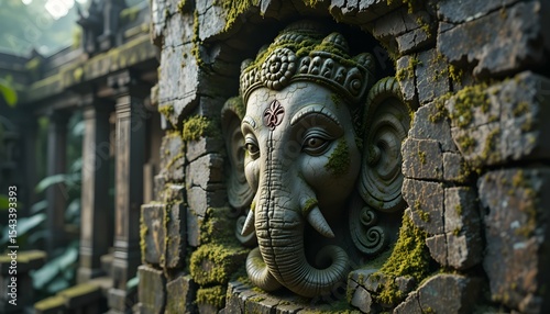 Close-Up of Lord Ganesha Carved in Eroded Temple Stone – Cinematic Heritage Shot