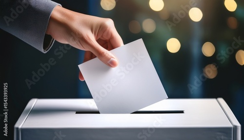 close up of a hand casting a vote by placing a ballot into a voting box