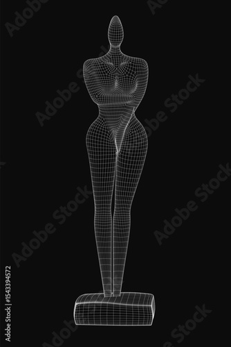 3D wireframe Oscar statue of a female figure with intricate details, set against a sleek black background. The abstract design features realistic proportions and smooth curves, creating an elegant.
