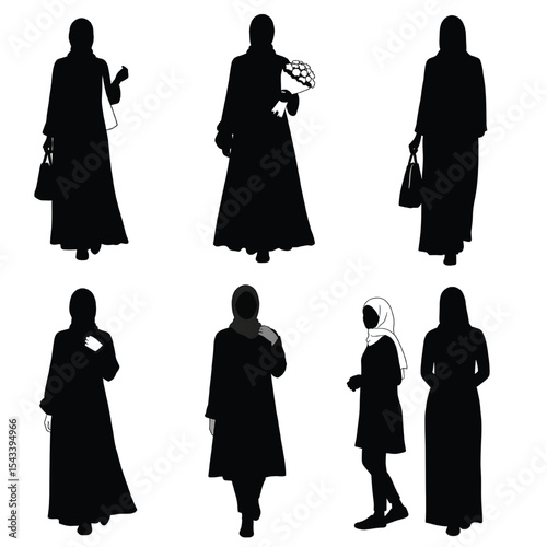 Fashionable Muslim Women Abaya Dress Silhouette Vector Set with Accessories