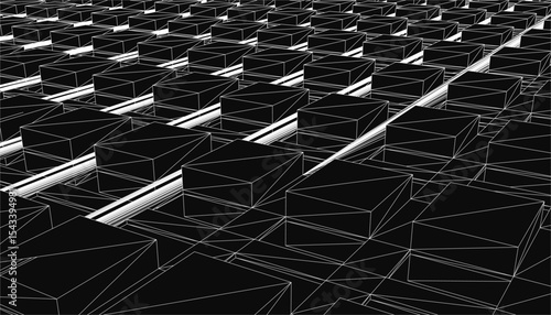 Abstract black and white background featuring a striking pattern of geometric shapes, creating a visually stimulating and unique design. The high-contrast composition offers a modern and artistic.