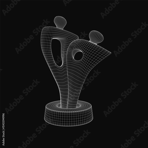 A 3D wireframe sculpture stands on a black background, featuring intricate abstract details and a realistic texture. The statue's geometric design creates a modern, artistic aesthetic with depth and.