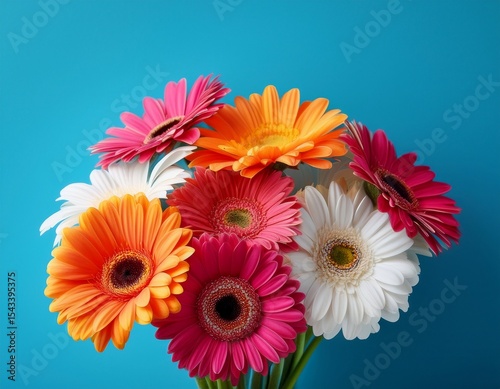 bright gerbera and daisy bouquet with blue backdrop