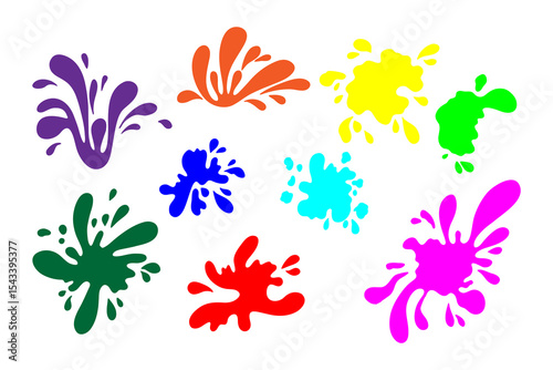 Vector illustration of a collection of bold bright colorful ink blots and splashes in various shapes. Abstract elements for artistic or graphic design use, isolated on a white background.