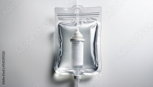 a clear plastic iv bag with a white cap isolated against a vibrant white background