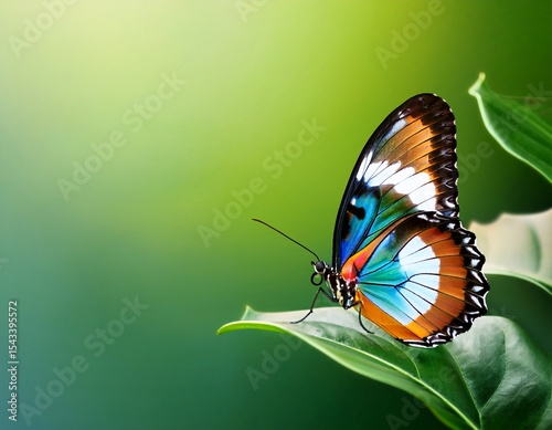 a colorful butterfly on green leaves with empty copy space for text