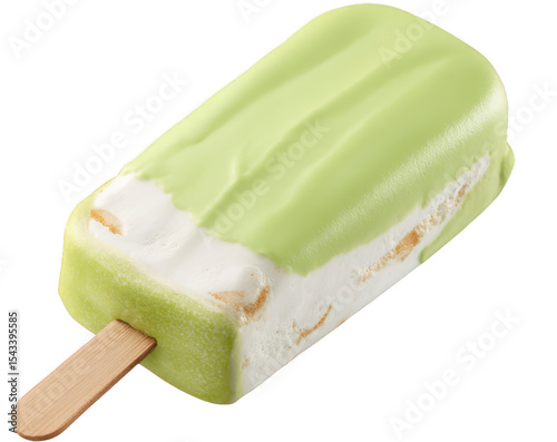 Delicious Green Ice Cream Popsicle with Chocolate Coating and Vanilla Filling on a Wooden Stick