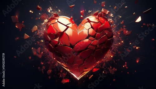 broken red heart 3d design exploded shattered into pieces isolated on dramatic tragic dark black background raining crackles realistic breakup concept with copy space