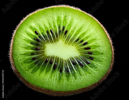 close up vibrant green kiwi slice isolated on black revealing intricate seed pattern