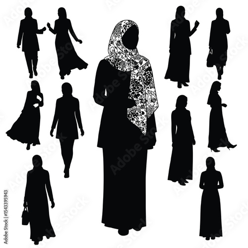 Floral Pattern Hijab Muslim Woman Silhouette Vector with Various Figures