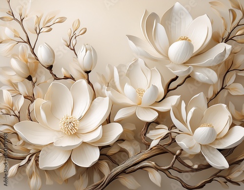 delicate magnolia blossoms textured art soft light beige background with sculpted pale flowers and branches