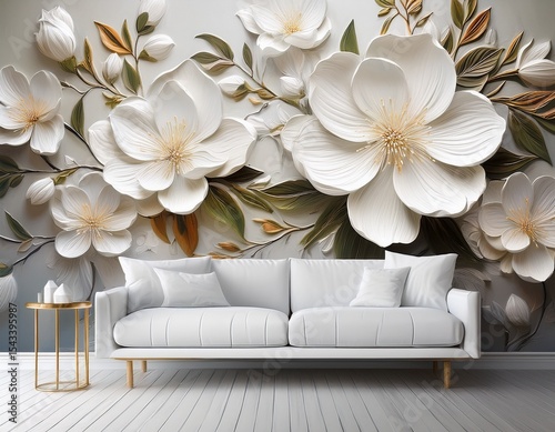 elegant white flowers textured wall mural design