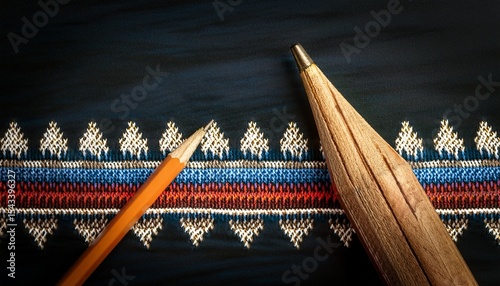 a pencil against dark background traditional folklore knitted pattern