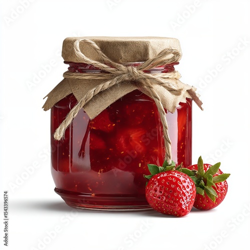 A close-up shot of a glass jar filled with delicious strawberry jam, with two fresh strawberries in front photo