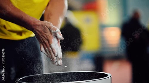 Competitors prepare for strength challenge in dynamic gym setting with chalk dust flying