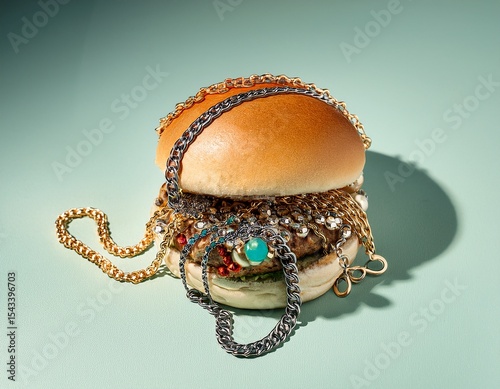 chains beads and other jewelry in a bun creative trendy burger aesthetic fast food concept