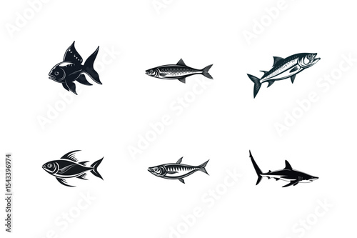 Six different types of fish silhouettes