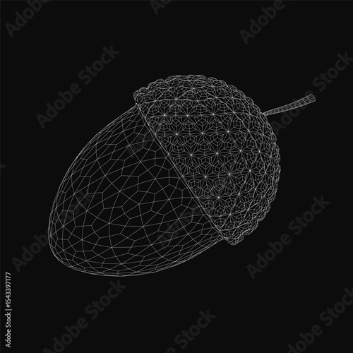 Black and white wireframe acorn with intricate details, showcasing ridges and curves on a smooth black background. The design highlights the natural symmetry and texture of the acorn in a minimalist.