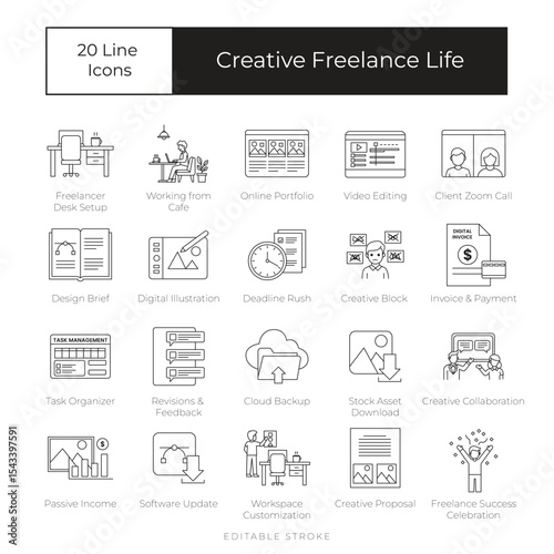 20 icons line Creative Freelance Life. vector