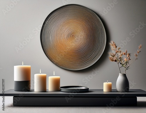 circular art piece behind candle and tray combo