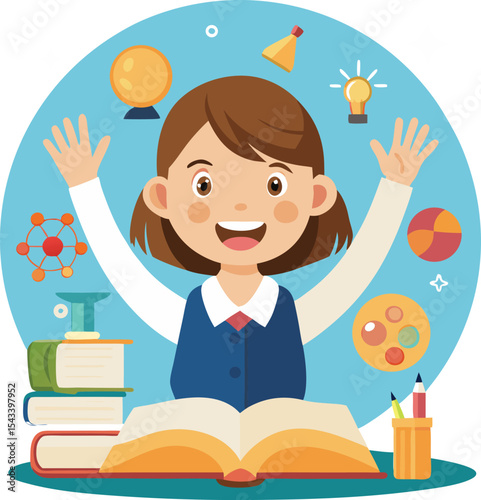 Cheerful Young Girl with Brown Hair Wearing a School Uniform Vector Illustration