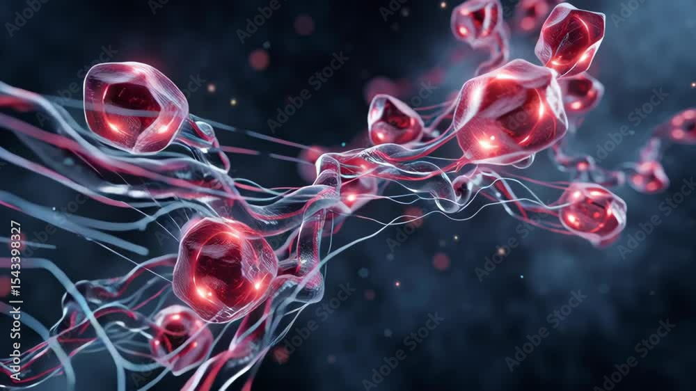 Biological animation of red blood cells moving through veins, creating a visually appealing representation of the circulatory system with dynamic light effects