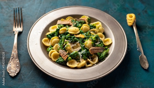 overhead shot of the southern italian dish orecchiette with turnip greens and anchovies a traditional apulian recipe featuring rapini breadcrumbs and anchovies