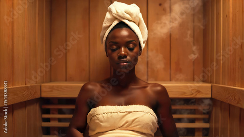 A young dark-skinned woman relaxes in a heated sauna, draped with a towel, in a traditional wooden steam room reminiscent