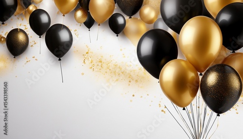 black and gold balloons floating on white background