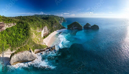 aerial view of coastline and hidden beach with cliffs and lush greenery