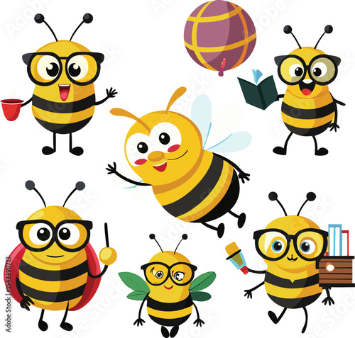 Eight Cartoon Bees Wearing Glasses A Fun and Whimsical Graphic Set