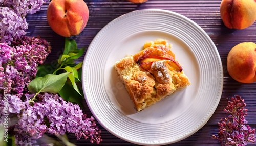 delicious peach cobbler cake with white plate fresh peaches and purple lilac blossoms in summer