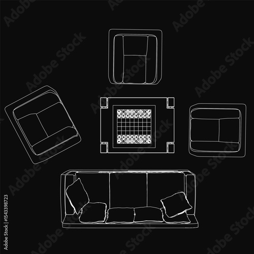 A black and white sketch of a cozy living room featuring a couch with plush pillows and a wooden table, set against a dark background. A chessboard rests on the table, adding a strategic touch to the.