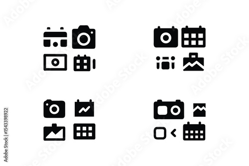 Flat Icons Representing Essential Mobile App Features. A collection of black and white flat icons representing essential mobile application features, including camera, calendar, finance, image, and ev