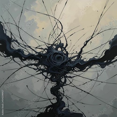 An abstract digital painting depicting a chaotic, swirling mass of dark, organic-looking tendrils or splatters against a muted, cloudy sky-like background