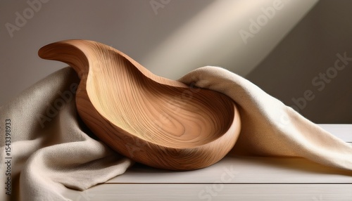 curved wood object and linen fabric on display board